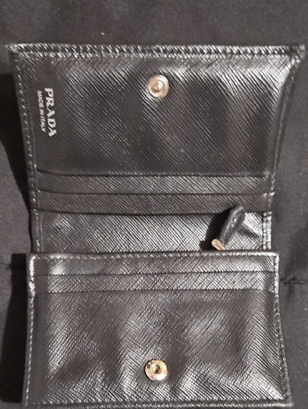 Prada Black Saffiano Tri-fold Card Wallet with Silver Logo